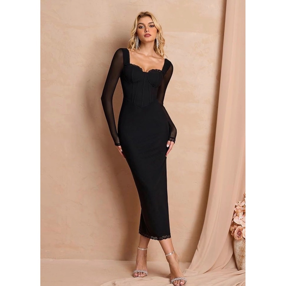 KUTUMAI Black Corset Midi Dress Sheer Mesh Long Sleeve Lace Trim  M